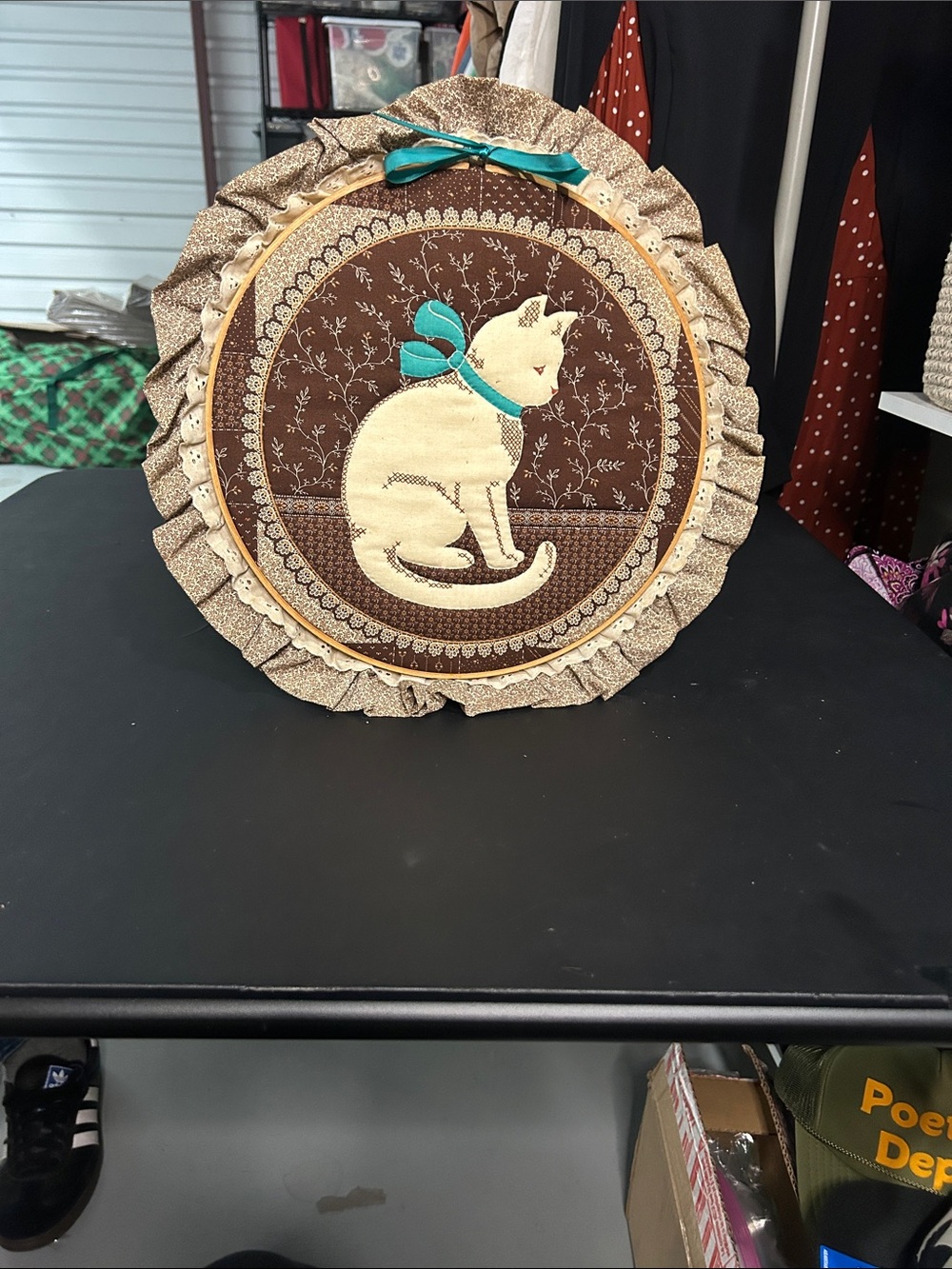 Hand Crafted Brown and Cream Cat Hoop Wall Art with Teal Bow